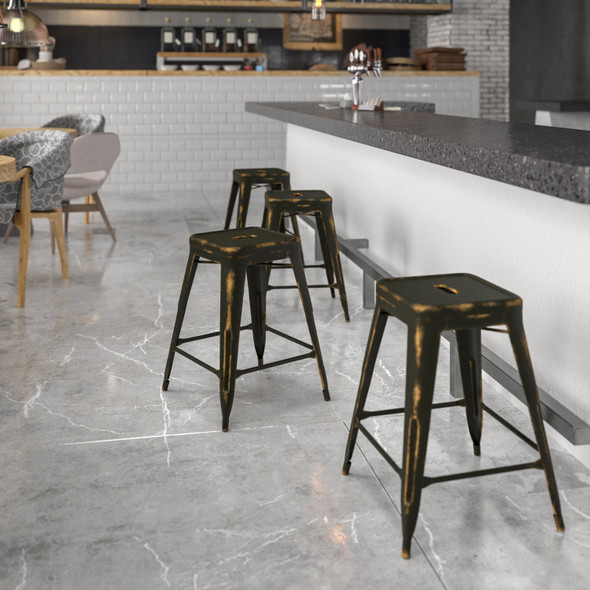 Kai Commercial Grade 24" High Backless Distressed Copper Metal Indoor-Outdoor Counter Height Stool