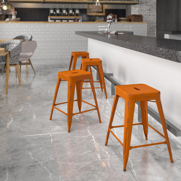 Kai Commercial Grade 24" High Backless Distressed Orange Metal Indoor-Outdoor Counter Height Stool