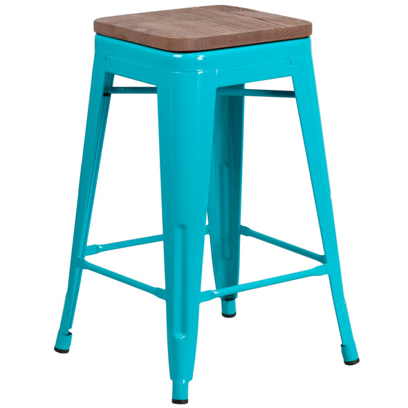 Sinclair 24" High Backless Crystal Teal-Blue Counter Height Stool with Square Wood Seat