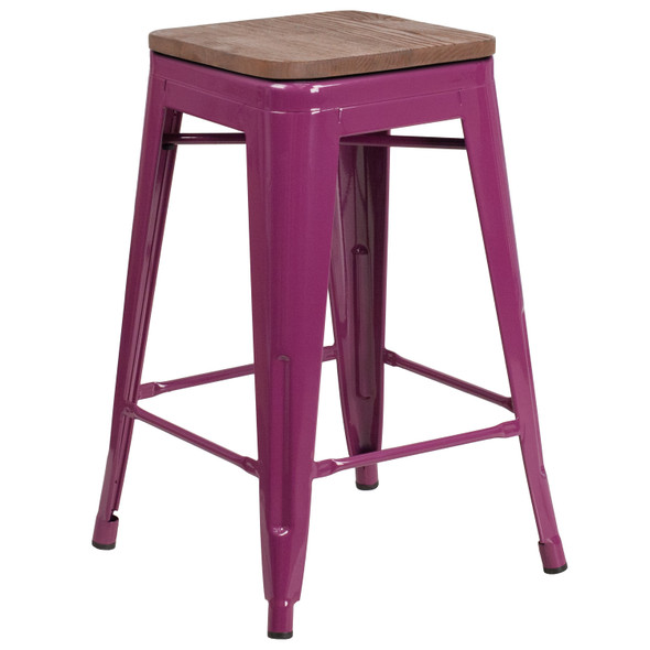 Sinclair 24" High Backless Purple Counter Height Stool with Square Wood Seat