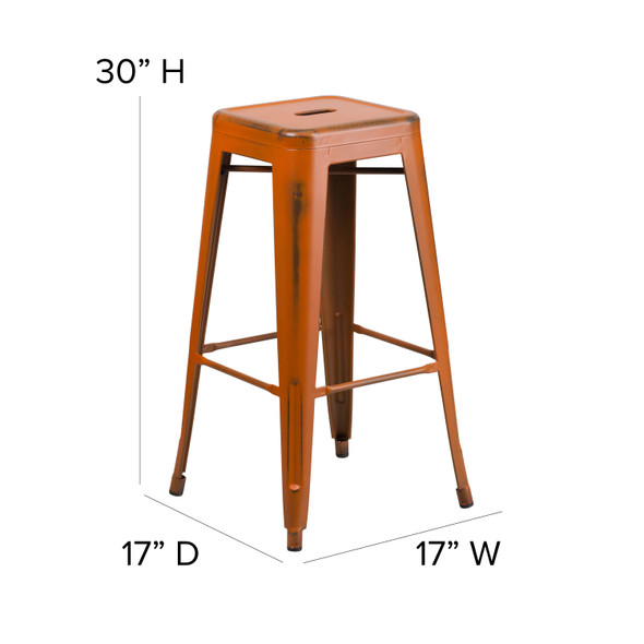 Kai Commercial Grade 30" High Backless Distressed Orange Metal Indoor-Outdoor Barstool