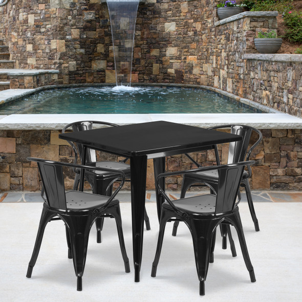 Grady Commercial Grade 31.5" Square Black Metal Indoor-Outdoor Table Set with 4 Arm Chairs