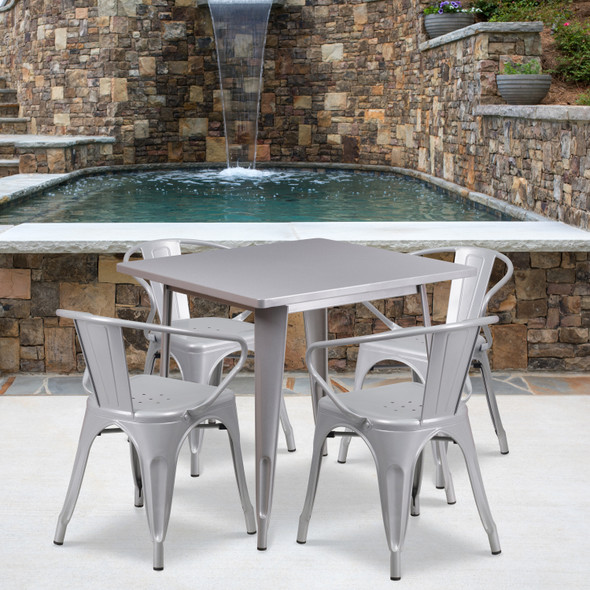 Grady Commercial Grade 31.5" Square Silver Metal Indoor-Outdoor Table Set with 4 Arm Chairs