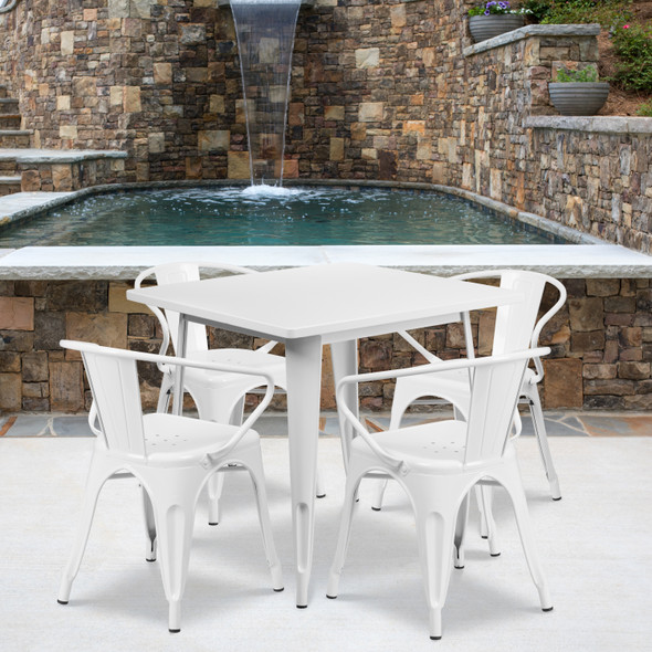 Grady Commercial Grade 31.5" Square White Metal Indoor-Outdoor Table Set with 4 Arm Chairs