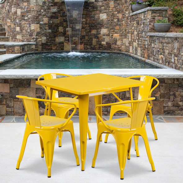 Grady Commercial Grade 31.5" Square Yellow Metal Indoor-Outdoor Table Set with 4 Arm Chairs