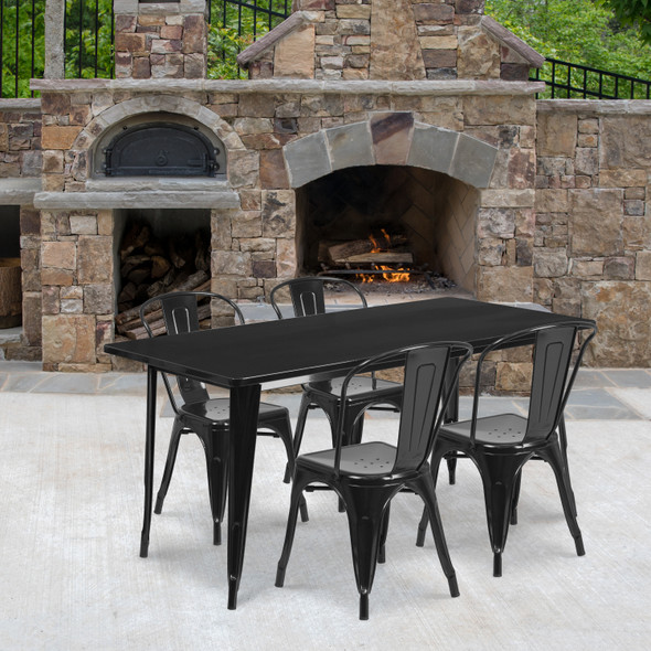 Darcy Commercial Grade 31.5" x 63" Rectangular Black Metal Indoor-Outdoor Table Set with 4 Stack Chairs
