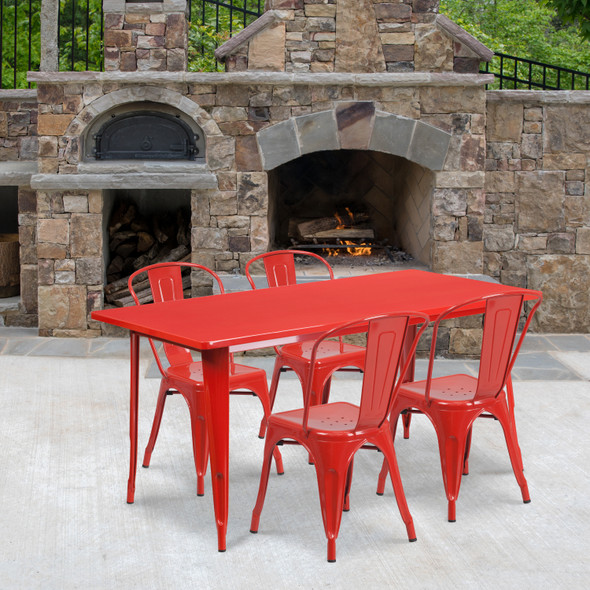 Darcy Commercial Grade 31.5" x 63" Rectangular Red Metal Indoor-Outdoor Table Set with 4 Stack Chairs
