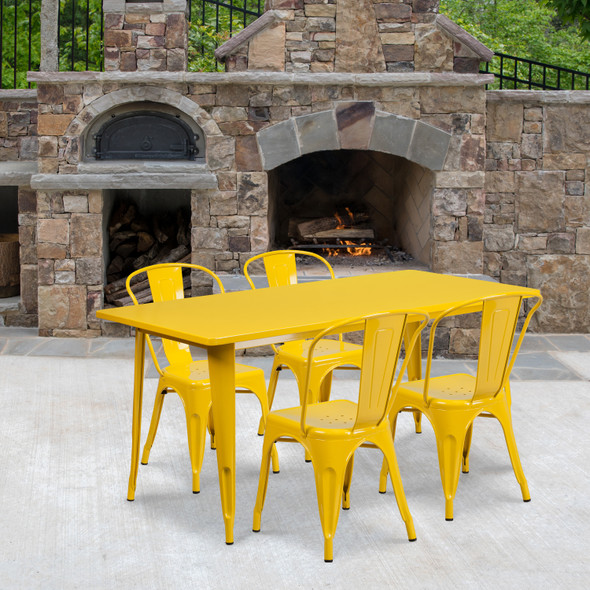 Darcy Commercial Grade 31.5" x 63" Rectangular Yellow Metal Indoor-Outdoor Table Set with 4 Stack Chairs