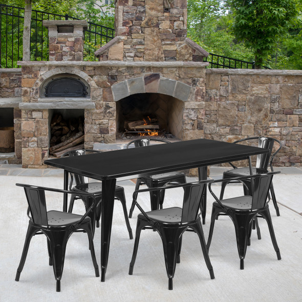 Oakley Commercial Grade 31.5" x 63" Rectangular Black Metal Indoor-Outdoor Table Set with 6 Arm Chairs