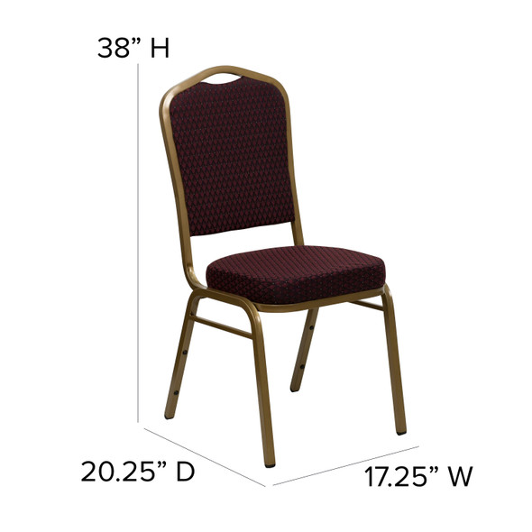HERCULES Series Crown Back Stacking Banquet Chair in Burgundy Patterned Fabric - Gold Frame