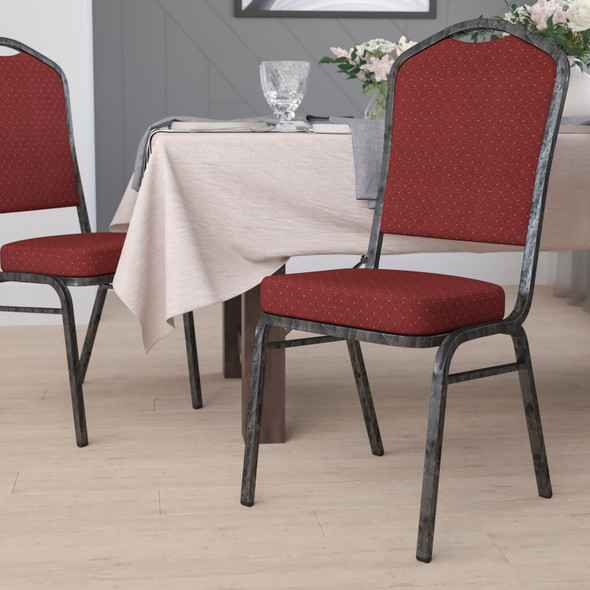 HERCULES Series Crown Back Stacking Banquet Chair in Burgundy Patterned Fabric - Silver Vein Frame