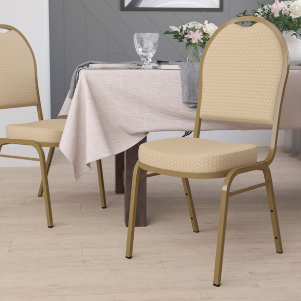 HERCULES Series Dome Back Stacking Banquet Chair in Beige Patterned Fabric - Gold Frame