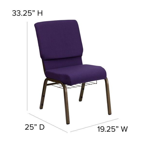 HERCULES Series 18.5''W Church Chair in Royal Purple Fabric with Cup Book Rack - Gold Vein Frame