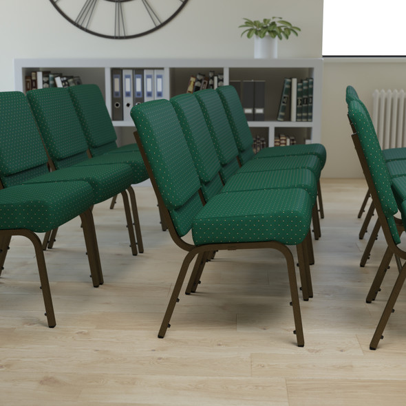 HERCULES Series 21''W Stacking Church Chair in Hunter Green Dot Patterned Fabric - Gold Vein Frame
