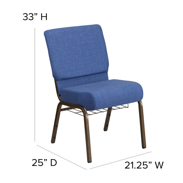 HERCULES Series 21''W Church Chair in Blue Fabric with Cup Book Rack - Gold Vein Frame