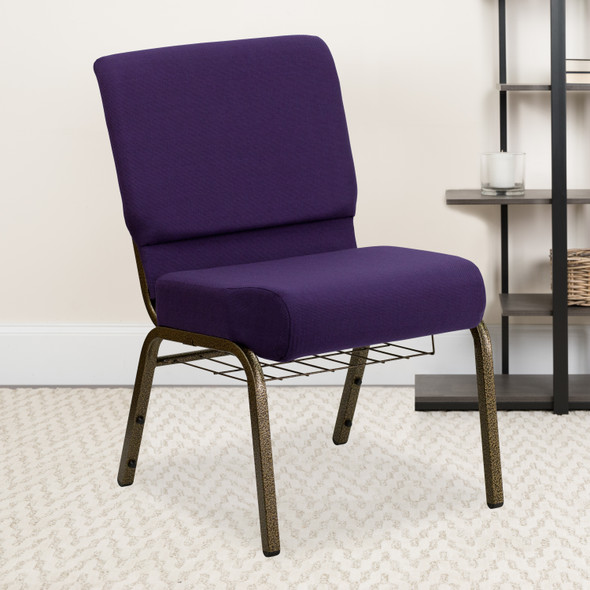 HERCULES Series 21''W Church Chair in Royal Purple Fabric with Cup Book Rack - Gold Vein Frame