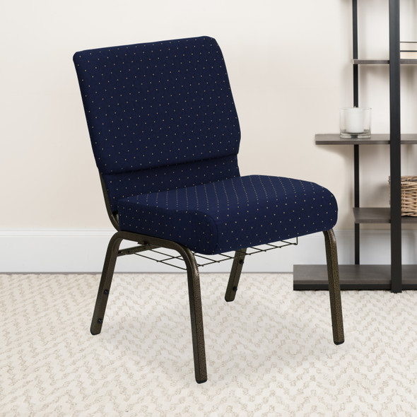 HERCULES Series 21''W Church Chair in Navy Blue Dot Patterned Fabric with Book Rack - Gold Vein Frame