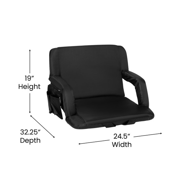 Malta Extra Wide Black Lightweight Reclining Stadium Chair with Armrests, Padded Back & Seat with Dual Storage Pockets and Backpack Straps