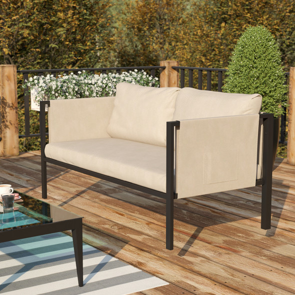 Lea Indoor/Outdoor Loveseat with Cushions - Modern Steel Framed Chair with Storage Pockets, Black with Beige Cushions