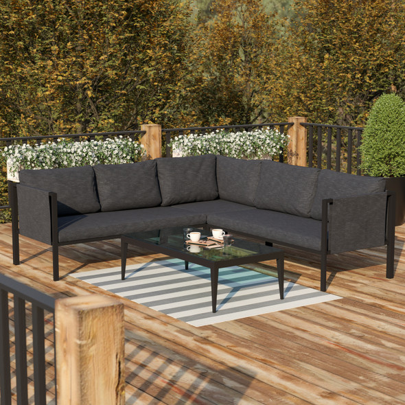 Lea Indoor/Outdoor Sectional with Cushions - Modern Steel Framed Chair with Dual Storage Pockets, Black with Charcoal Cushions