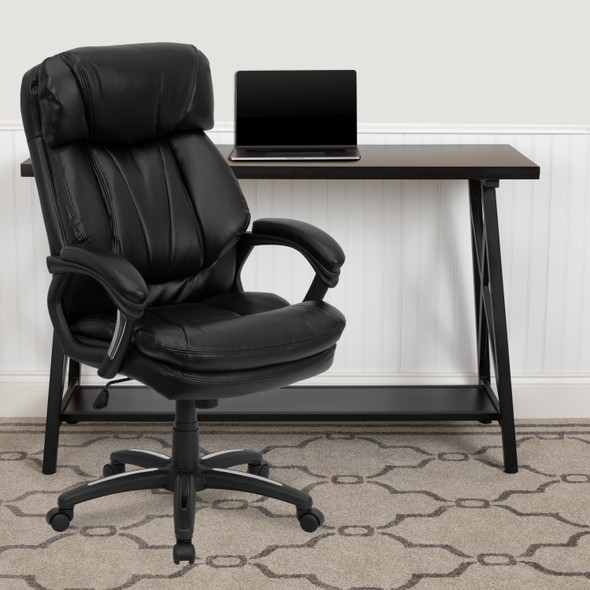 Iris High Back Black LeatherSoft Executive Swivel Ergonomic Office Chair with Plush Headrest, Extensive Padding and Arms