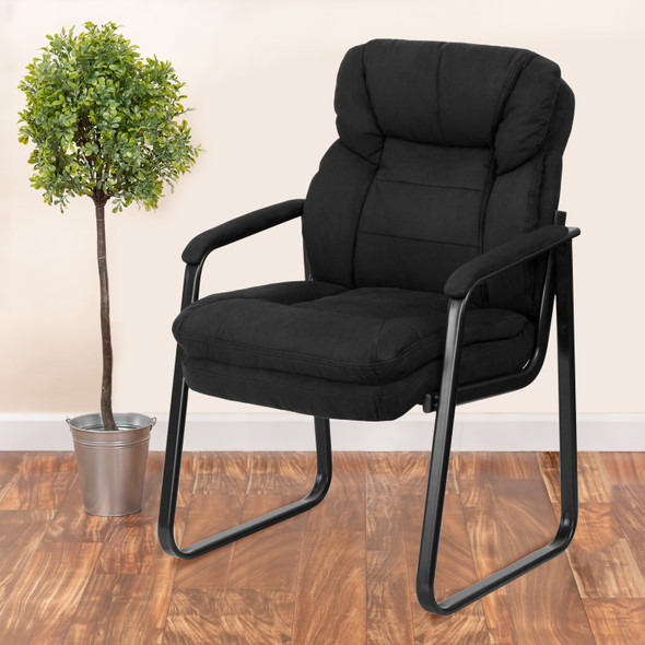 Isla Black Microfiber Executive Side Reception Chair with Lumbar Support and Sled Base