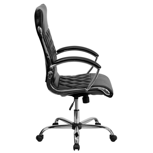 Merideth High Back Designer Quilted Black LeatherSoft Executive Swivel Office Chair with Chrome Base and Arms