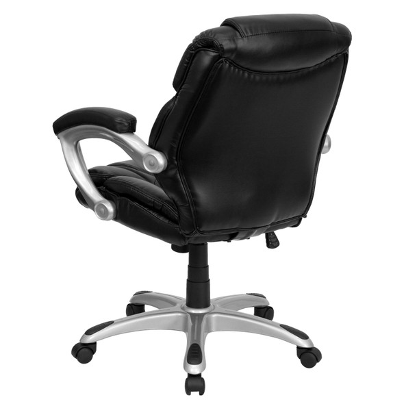 Heather Mid-Back Black LeatherSoft Layered Upholstered Executive Swivel Ergonomic Office Chair with Silver Nylon Base and Arms