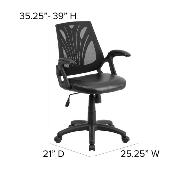 Sam Mid-Back Designer Black Mesh Swivel Task Office Chair with LeatherSoft Seat and Open Arms