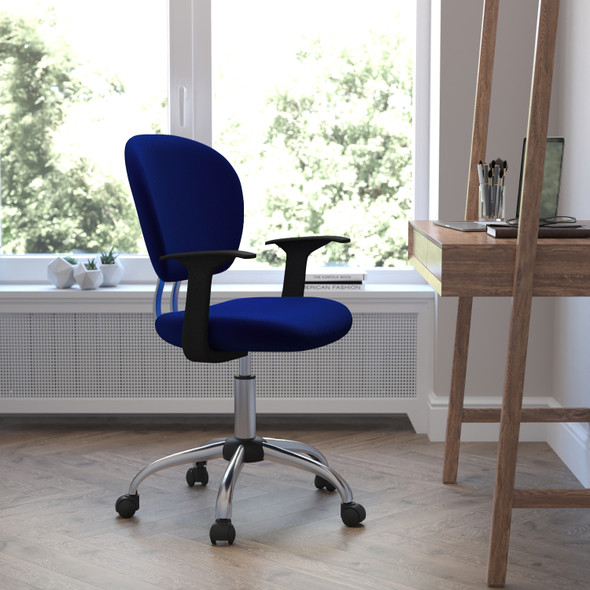 Beverly Mid-Back Blue Mesh Padded Swivel Task Office Chair with Chrome Base and Arms