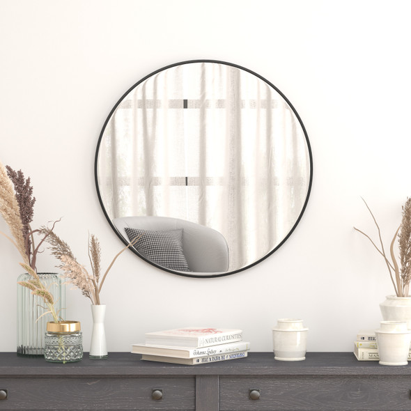 Julianne 30" Round Black Metal Framed Wall Mirror - Large Accent Mirror for Bathroom, Vanity, Entryway, Dining Room, & Living Room