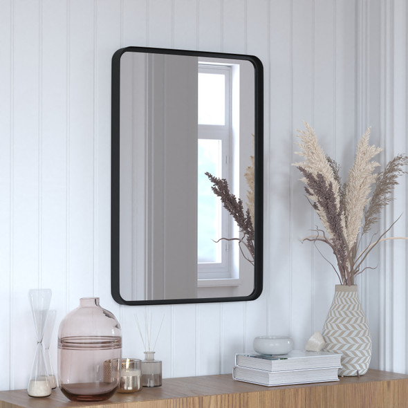 Janinne 20" x 30" Decorative Wall Mirror - Rounded Corners, Bathroom & Living Room Glass Mirror Hangs Horizontal Or Vertical, Matte Black