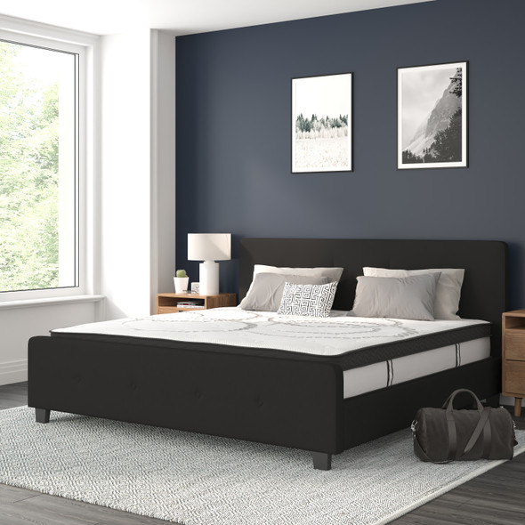 Tribeca King Size Tufted Upholstered Platform Bed in Black Fabric with 10 Inch CertiPUR-US Certified Pocket Spring Mattress