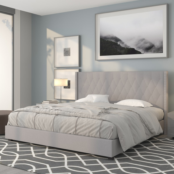 Riverdale King Size Tufted Upholstered Platform Bed in Light Gray Fabric