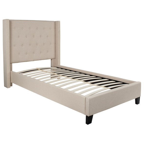 Riverdale Twin Size Tufted Upholstered Platform Bed in Beige Fabric with 10 Inch CertiPUR-US Certified Pocket Spring Mattress