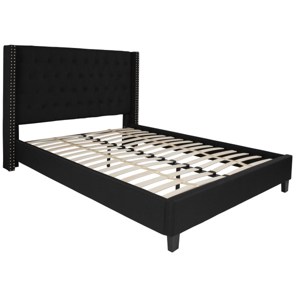 Riverdale Queen Size Tufted Upholstered Platform Bed in Black Fabric with 10 Inch CertiPUR-US Certified Pocket Spring Mattress