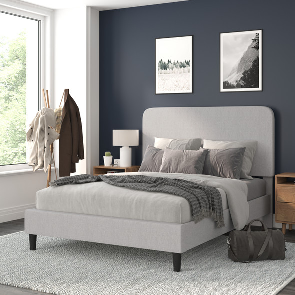 Addison Light Grey Queen Fabric Upholstered Platform Bed - Headboard with Rounded Edges - No Box Spring or Foundation Needed