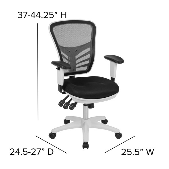 Nicholas Mid-Back Black Mesh Multifunction Executive Swivel Ergonomic Office Chair with Adjustable Arms and White Frame