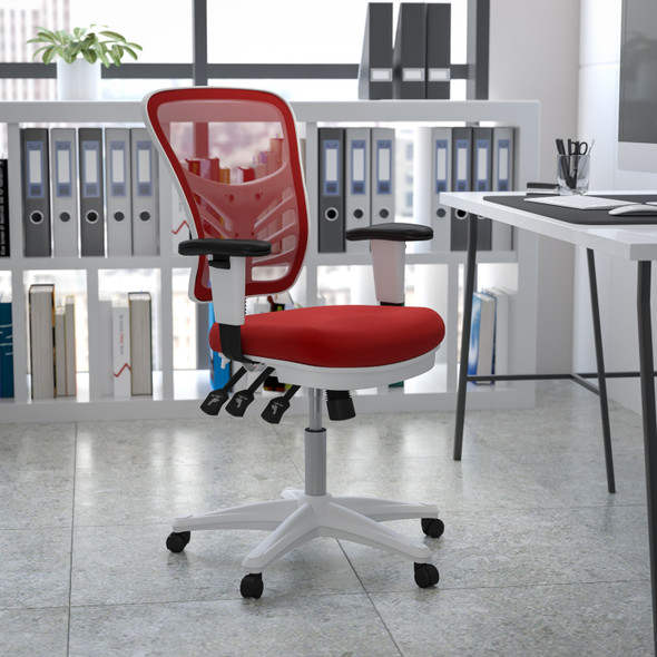 Nicholas Mid-Back Red Mesh Multifunction Executive Swivel Ergonomic Office Chair with Adjustable Arms and White Frame