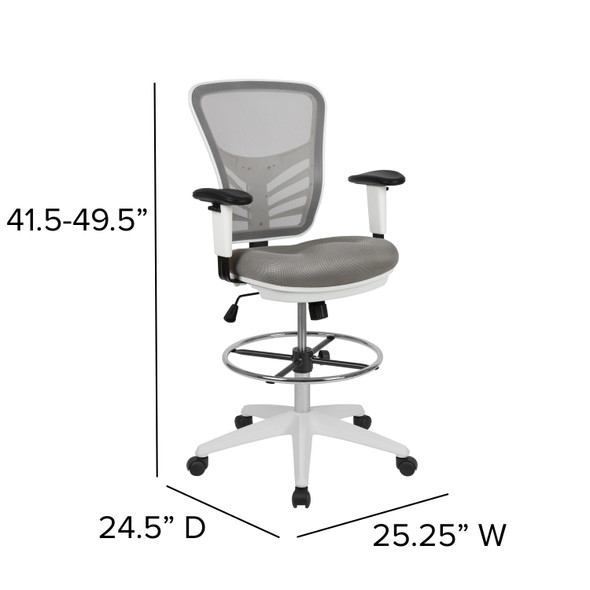Tyler Mid-Back Light Gray Mesh Ergonomic Drafting Chair with Adjustable Chrome Foot Ring, Adjustable Arms and White Frame