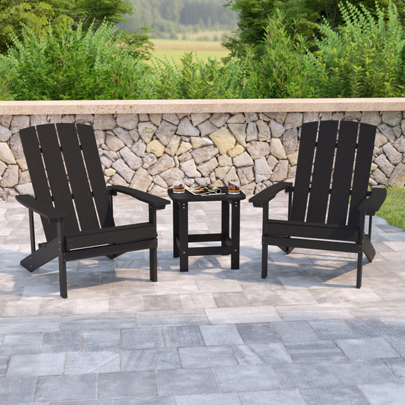 2 Pack Charlestown All-Weather Poly Resin Wood Adirondack Chairs with Side Table in Black