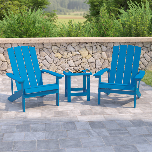 2 Pack Charlestown All-Weather Poly Resin Wood Adirondack Chairs with Side Table in Blue