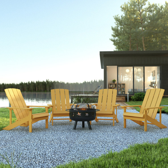 5 Piece Charlestown Yellow Poly Resin Wood Adirondack Chair Set with Fire Pit - Star and Moon Fire Pit with Mesh Cover
