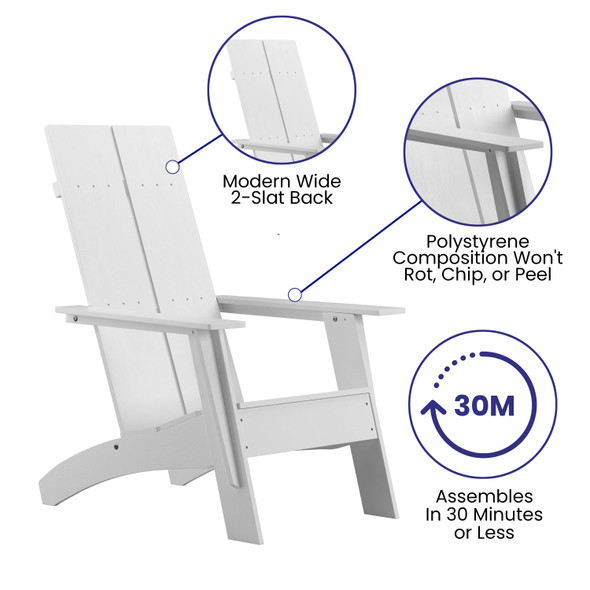 Finn Set of 4 White Modern All-Weather 2-Slat Poly Resin Rocking Adirondack Chairs with 22" Round Wood Burning Fire Pit