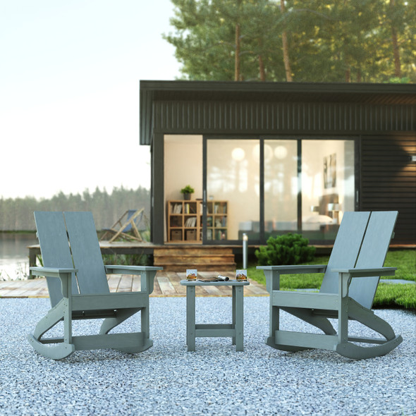 Set of 2 Gray Finn Modern All-Weather 2-Slat Poly Resin Rocking Adirondack Chairs with Matching Side Table