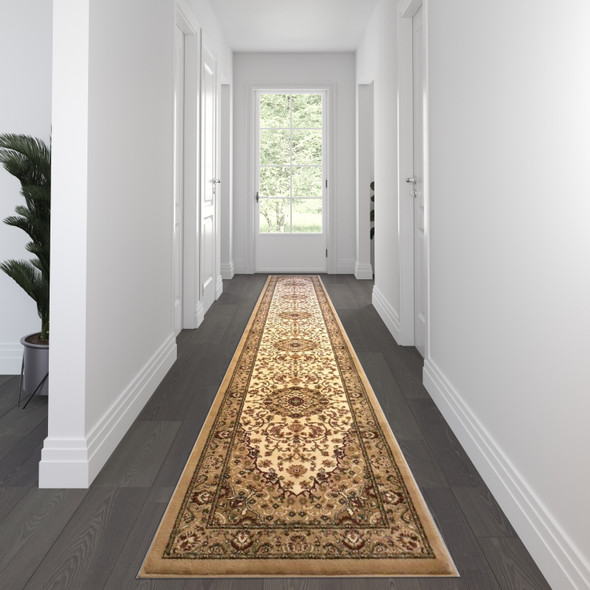 Mersin Collection Persian Style 3' x 20' Ivory Area Rug - Olefin Rug with Jute Backing - Hallway, Entryway, Bedroom, Living Room