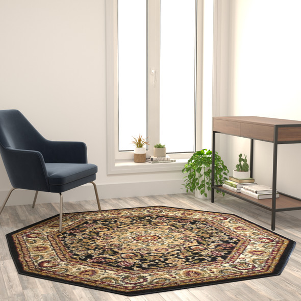 Mersin Collection Persian Style 5x5 Black Octagon Area Rug-Olefin Rug with Jute Backing-Hallway, Entryway, Bedroom, Living Room