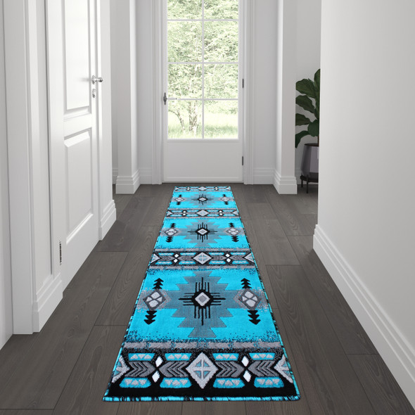 Mohave Collection 2' x 7' Turquoise Traditional Southwestern Style Area Rug - Olefin Fibers with Jute Backing