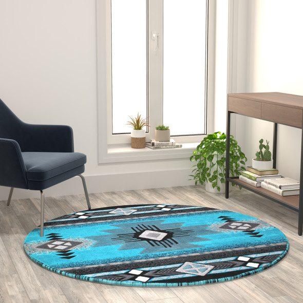 Mohave Collection 5' x 5' Turquoise Traditional Southwestern Style Area Rug - Olefin Fibers with Jute Backing