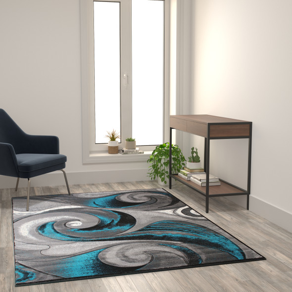Tellus Collection 5' x 7' Olefin Turquoise Ocean Waves Pattern Area Rug with Jute Backing for Entryway, Living Room, Bedroom